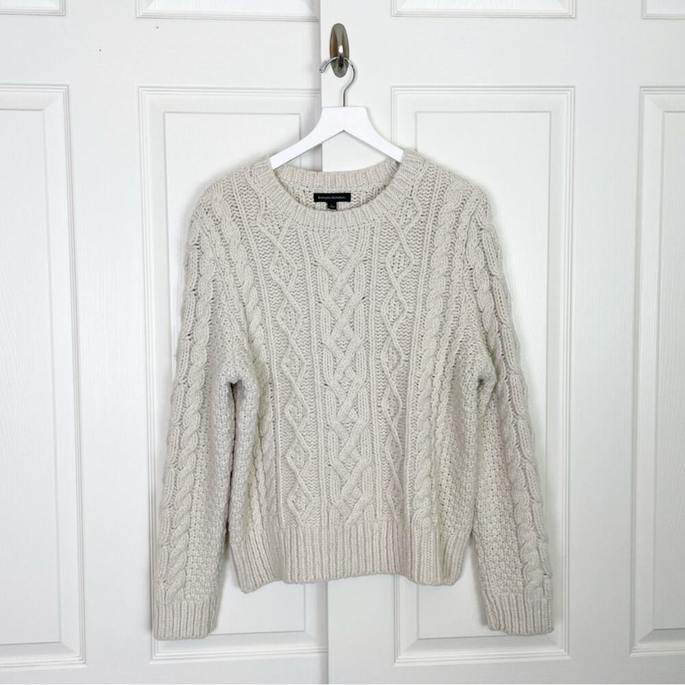 Banana Republic Cable Knit Fisherman Sweater Recycled Wool Crewneck Sz L